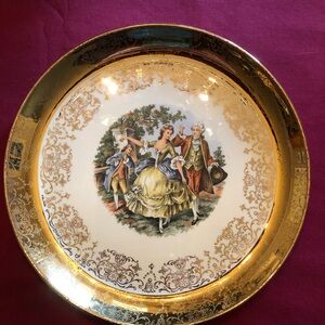 Ornate 22k Gold-Trim Decorative Dinner Plate with Pastoral Scene White and Gold.